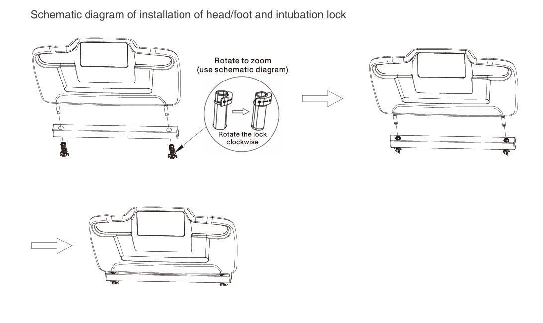 Step 2 involves attaching the headboard and footboard and securing the intubation lock in place.