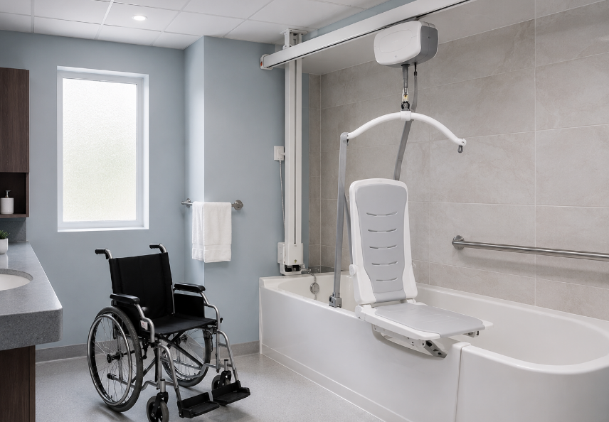 Wall-mounted bath lift in the bathtub